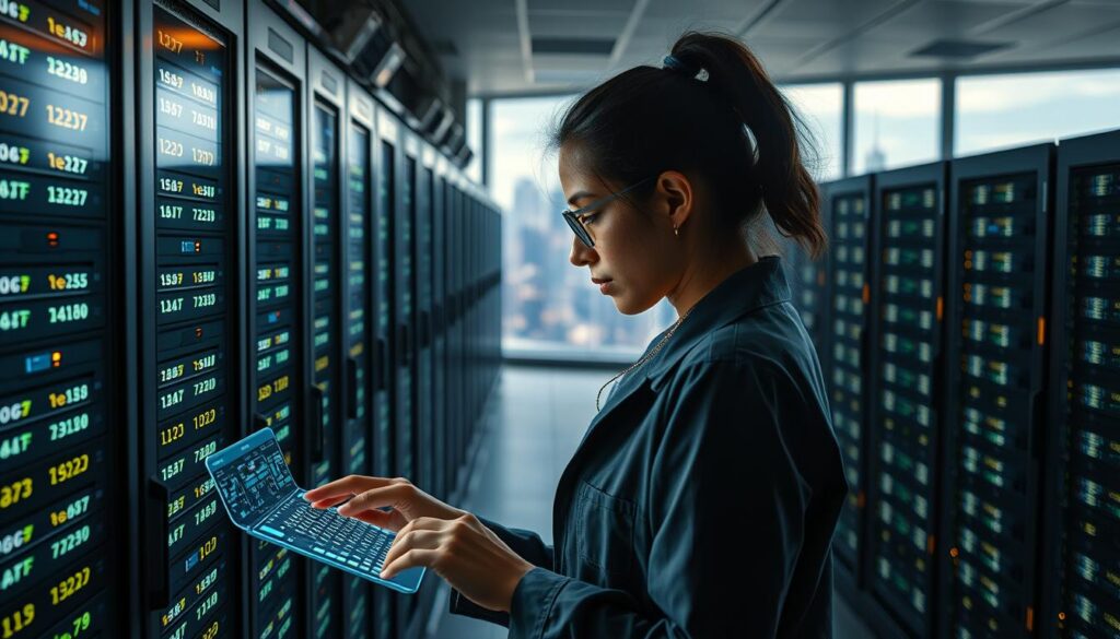 A bustling data center, filled with rows of gleaming server racks and blinking LED panels. In the foreground, a data scientist gazes intently at a holographic display, her fingers flying across a virtual keyboard as she analyzes complex algorithms. The middle ground is dominated by towering server stacks, their cooling fans whirring softly. In the background, a panoramic window offers a breathtaking view of a futuristic skyline, hinting at the vast potential of machine learning and data processing. Soft, directional lighting casts dramatic shadows, evoking a sense of technological prowess and innovation. The overall atmosphere is one of focused intensity, where the boundaries of human knowledge are constantly being pushed forward.