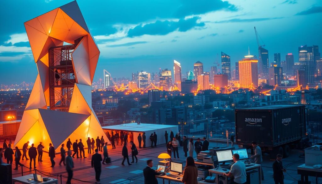 A bustling software architecture migration scene, with a towering abstract structure in the foreground representing the transition from a monolithic to a microservices-based system. In the middle ground, teams of developers collaboratively work on integrating new services, while in the background, a cityscape of connected buildings symbolizes the broader technological landscape. The lighting is a mix of cool blues and warm oranges, creating a sense of dynamism and progress. The composition emphasizes the complexity and scale of the migration process, with subtle nods to real-world case studies like Amazon Prime Video and Mercado Livre.