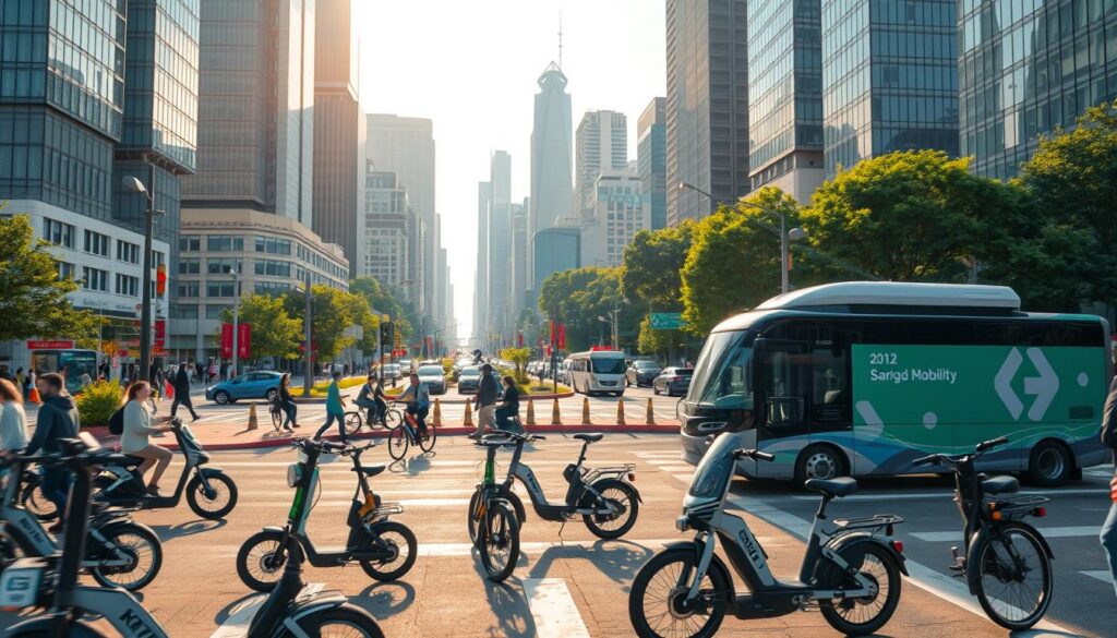 A bustling urban scene, with a diverse array of shared mobility options in the foreground - electric scooters, bicycles, and autonomous shuttles. In the middle ground, a busy intersection where traffic seamlessly flows, with vehicles communicating and coordinating their movements. In the background, towering skyscrapers and lush green spaces, reflecting a vision of a sustainable, connected, and livable city. Diffused sunlight casts a warm glow, highlighting the harmonious integration of technology and nature. The overall atmosphere conveys a sense of efficiency, innovation, and environmental consciousness.