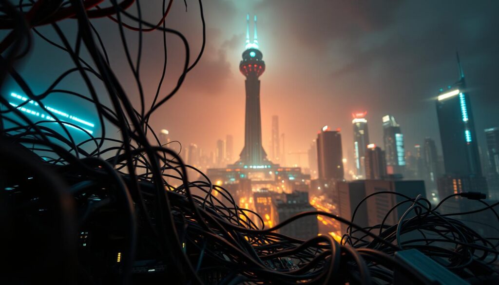 A cyberpunk-inspired scene of IoT vulnerabilities. In the foreground, a tangled web of wires and circuit boards, representing the interconnected nature of IoT devices. In the middle ground, a towering, monolithic structure symbolizing the centralized control and potential for exploitation of these systems. In the background, a dystopian cityscape bathed in an eerie, neon-tinged glow, hinting at the broader societal implications of IoT security breaches. The lighting is dramatic, with harsh shadows and highlights emphasizing the ominous, foreboding atmosphere. The camera angle is low, lending a sense of scale and power to the scene, while the lens distortion creates a sense of unease and disorientation. The overall mood is one of unease, vulnerability, and the need for heightened vigilance in the face of the growing IoT security threat.
