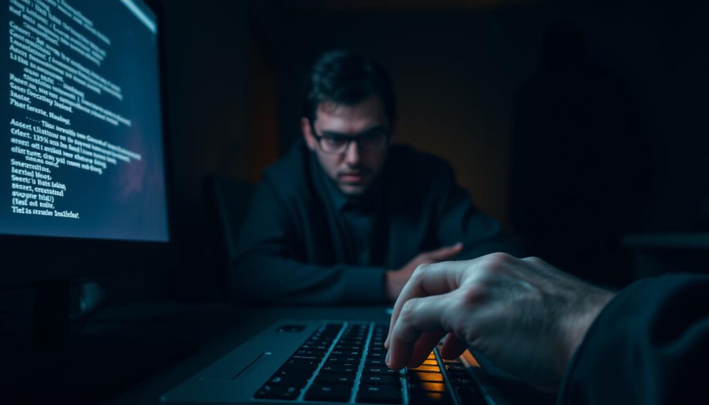 A darkened office setting, the dim glow of a computer screen casting an eerie light across a desk. In the foreground, a hand hovers over the keyboard, the fingers poised to click a suspicious email link. The middle ground reveals a person, their expression a mix of curiosity and uncertainty, as they weigh the risks of their actions. In the background, a shadowy figure lurks, watching, ready to exploit the human vulnerability. The scene is bathed in an ominous atmosphere, the lighting and mood conveying the sinister nature of social engineering and phishing attacks. A darkened office setting, the dim glow of a computer screen casting an eerie light across a desk. In the foreground, a hand hovers over the keyboard, the fingers poised to click a suspicious email link. The middle ground reveals a person, their expression a mix of curiosity and uncertainty, as they weigh the risks of their actions. In the background, a shadowy figure lurks, watching, ready to exploit the human vulnerability. The scene is bathed in an ominous atmosphere, the lighting and mood conveying the sinister nature of social engineering and phishing attacks.