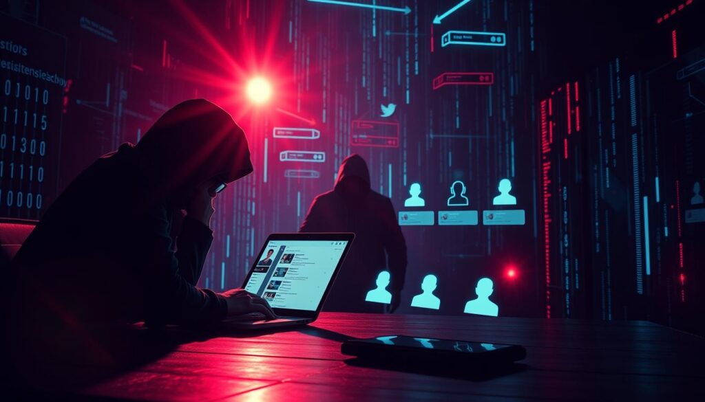 A dimly lit, cyberpunk-inspired scene depicting the dangers of social media fraud. In the foreground, a shadowy figure hunched over a laptop, their face obscured, orchestrating a cloning attack on a smartphone screen. In the middle ground, a series of social media profile icons float ominously, hinting at the creation of fake accounts. The background is a maze of neon-tinged data streams, firewall glitches, and ominous silhouettes, conveying an atmosphere of digital deception and vulnerability. Lens flares and chiaroscuro lighting add a sense of drama and foreboding. The overall mood is one of unease, as the viewer is drawn into the unseen, insidious world of social media fraud. A dimly lit, cyberpunk-inspired scene depicting the dangers of social media fraud. In the foreground, a shadowy figure hunched over a laptop, their face obscured, orchestrating a cloning attack on a smartphone screen. In the middle ground, a series of social media profile icons float ominously, hinting at the creation of fake accounts. The background is a maze of neon-tinged data streams, firewall glitches, and ominous silhouettes, conveying an atmosphere of digital deception and vulnerability. Lens flares and chiaroscuro lighting add a sense of drama and foreboding. The overall mood is one of unease, as the viewer is drawn into the unseen, insidious world of social media fraud.