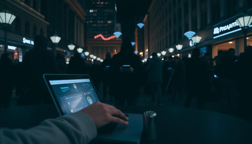 A dimly lit public space with people connected to various devices on a shared Wi-Fi network. In the foreground, a person's hands on a laptop, conveying a sense of concern or caution. The middle ground shows a crowd of people engrossed in their devices, unaware of potential security risks. The background depicts the urban setting, with buildings and city lights hinting at the public nature of the environment. Subtle hints of a security threat, such as a shadowy figure or a hacking icon, create an atmosphere of vulnerability and the need for vigilance when using public Wi-Fi. A dimly lit public space with people connected to various devices on a shared Wi-Fi network. In the foreground, a person's hands on a laptop, conveying a sense of concern or caution. The middle ground shows a crowd of people engrossed in their devices, unaware of potential security risks. The background depicts the urban setting, with buildings and city lights hinting at the public nature of the environment. Subtle hints of a security threat, such as a shadowy figure or a hacking icon, create an atmosphere of vulnerability and the need for vigilance when using public Wi-Fi.