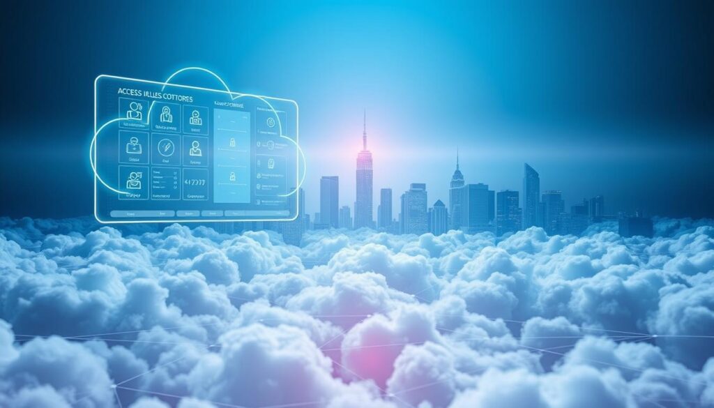 A futuristic and minimalist scene depicting cloud-based identity and access management. In the foreground, a sleek and holographic user interface floats, showcasing various access control options and security protocols. The middle ground features a dynamic network of interconnected clouds, representing the distributed nature of cloud computing. In the background, a city skyline, bathed in a cool, blue-tinted lighting, symbolizes the enterprise-level infrastructure supporting the IAM system. The overall mood is one of advanced technology, precision, and data security, reflecting the critical role of IAM in protecting cloud environments.