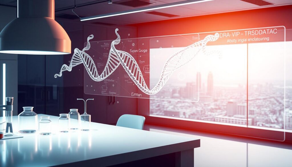 A futuristic laboratory setting with a focus on DNA-based data storage. The foreground features a sleek, minimalist workbench with glass containers and scientific instruments, casting a soft, diffused light. In the middle ground, a holographic display projects intricate molecular structures, visualizing the process of encoding digital data within synthetic DNA strands. The background depicts a panoramic view of a cityscape, hinting at the transformative potential of this emerging technology. The scene conveys a sense of scientific progress, innovation, and the promise of a data-driven future.