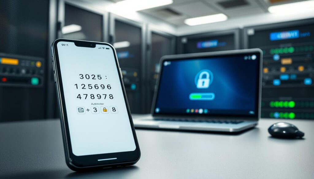 A high-resolution photo of various two-factor authentication methods displayed on a sleek, modern desktop. In the foreground, a smartphone showing a multi-digit code, a security key, and an authenticator app. The middle ground features a laptop with a login screen, highlighting biometric authentication options like fingerprint and facial recognition. The background depicts a server rack, symbolizing the secure infrastructure supporting these authentication techniques. The lighting is soft and directional, creating depth and emphasizing the technological aesthetic. The overall mood is one of security, convenience, and technological sophistication.