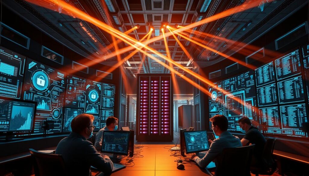 A high-tech command center, its walls adorned with holographic screens displaying real-time cybersecurity data. In the foreground, a team of analysts intently monitoring the systems, their expressions a blend of concentration and determination. Beams of light criss-cross the room, casting a futuristic glow over the scene. In the background, a towering data center hums with activity, its servers protected by layers of sophisticated security measures. The atmosphere is one of heightened vigilance, as the team works tirelessly to defend against the ever-evolving threats of the digital landscape. A high-tech command center, its walls adorned with holographic screens displaying real-time cybersecurity data. In the foreground, a team of analysts intently monitoring the systems, their expressions a blend of concentration and determination. Beams of light criss-cross the room, casting a futuristic glow over the scene. In the background, a towering data center hums with activity, its servers protected by layers of sophisticated security measures. The atmosphere is one of heightened vigilance, as the team works tirelessly to defend against the ever-evolving threats of the digital landscape.