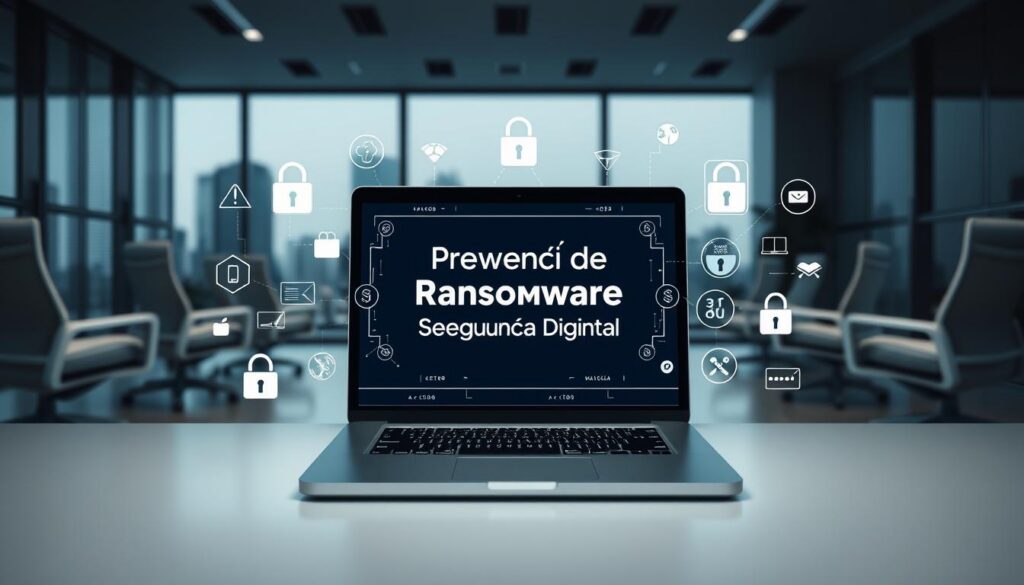 A high-tech digital security scene with a central focus on a laptop or computer screen displaying "Prevenção de Ransomware e Segurança Digital". In the foreground, various cybersecurity icons, such as padlocks, shields, and warning symbols, create a protective layer around the device. The middle ground features a sleek, minimalist office environment with ergonomic furniture and clean lines, conveying a professional, tech-forward atmosphere. The background showcases a cityscape through large windows, hinting at the global scale of digital threats. Soft, directional lighting highlights the key elements, while a muted color palette of blues, grays, and whites reinforces the serious, high-stakes nature of the topic. An overall sense of vigilance, preparedness, and digital fortification should be evoked.