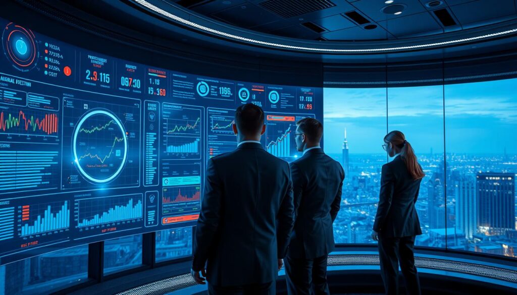 A high-tech financial security control room with advanced machine learning algorithms monitoring transactions in real-time. The foreground displays a large holographic dashboard with interactive visualizations of financial data, anomaly detection, and predictive analytics. In the middle ground, a team of analysts in sleek uniforms examines the dashboard, collaborating to investigate potential fraud. The background showcases a panoramic view of a futuristic cityscape, hinting at the global scale of the security operations. Dramatic lighting casts a blue-tinted glow, creating a sense of high-stakes intensity. The image conveys the power of machine learning to safeguard the financial system with precision and vigilance.