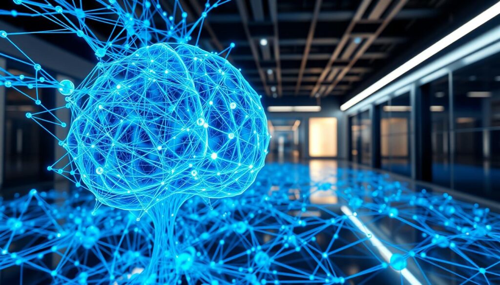 A highly detailed 3D render of a neural network simulation, resembling the intricate structure of the human brain. The foreground features a complex web of interconnected nodes and synapses, glowing with an electric blue hue, representing the flow of information. The middle ground showcases a holographic visualization of deep learning algorithms, with abstract shapes and lines intertwining, symbolizing the iterative process of training AI models. The background depicts a futuristic laboratory setting, with sleek, metallic surfaces and subtle lighting, creating a sense of technological sophistication. The overall scene conveys a balance between the organic nature of neural networks and the computational power of artificial intelligence, capturing the essence of the topic "Redes Neurais e Inteligência Artificial". A highly detailed 3D render of a neural network simulation, resembling the intricate structure of the human brain. The foreground features a complex web of interconnected nodes and synapses, glowing with an electric blue hue, representing the flow of information. The middle ground showcases a holographic visualization of deep learning algorithms, with abstract shapes and lines intertwining, symbolizing the iterative process of training AI models. The background depicts a futuristic laboratory setting, with sleek, metallic surfaces and subtle lighting, creating a sense of technological sophistication. The overall scene conveys a balance between the organic nature of neural networks and the computational power of artificial intelligence, capturing the essence of the topic "Redes Neurais e Inteligência Artificial".