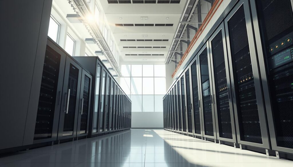 A modern and minimalist data center interior, showcasing efficient energy practices. Sunlight streams through large windows, illuminating the clean, minimalist design. Sleek server racks and cooling systems are prominently featured, demonstrating the latest advancements in energy-saving technologies. The atmosphere is serene and futuristic, with a focus on sustainability and environmental responsibility. The camera angle provides a wide, panoramic view, capturing the scale and sophistication of this innovative data center. Muted color tones and smooth, geometric shapes convey a sense of cutting-edge efficiency and technological progress.
