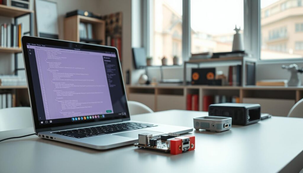 A modern full-stack development workspace, with a sleek, minimalist aesthetic. In the foreground, a laptop screen displays a Django or Flask application, its clean code and intuitive interface reflecting Python's elegance. On the desk, a Raspberry Pi board and a 3D-printed housing hint at the breadth of Python's capabilities, from web development to IoT. Diffused lighting from a large window casts a warm glow, creating a productive and inspirational atmosphere. In the background, shelves hold programming books and tech artifacts, symbolizing the depth of knowledge required for full-stack mastery. The overall scene conveys the power and versatility of Python as a language for comprehensive, end-to-end software development.