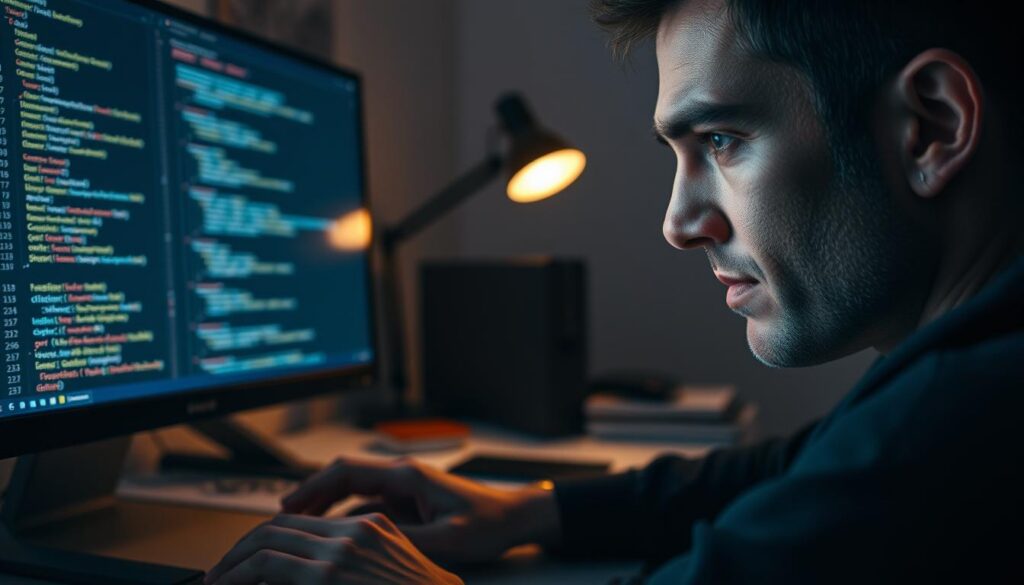 A programmer intensely focused, brow furrowed, staring at a computer screen displaying lines of complex JavaScript code. In the foreground, their hands hover over the keyboard, fingers poised to type. The mid-ground shows the programmer's workstation, a tidy desk with a high-resolution monitor, sleek peripherals, and a minimalist desk lamp casting a warm, focused glow. The background is blurred, suggesting a dimly lit, cozy office environment. The scene conveys a mood of deep concentration, problem-solving, and the pursuit of understanding.