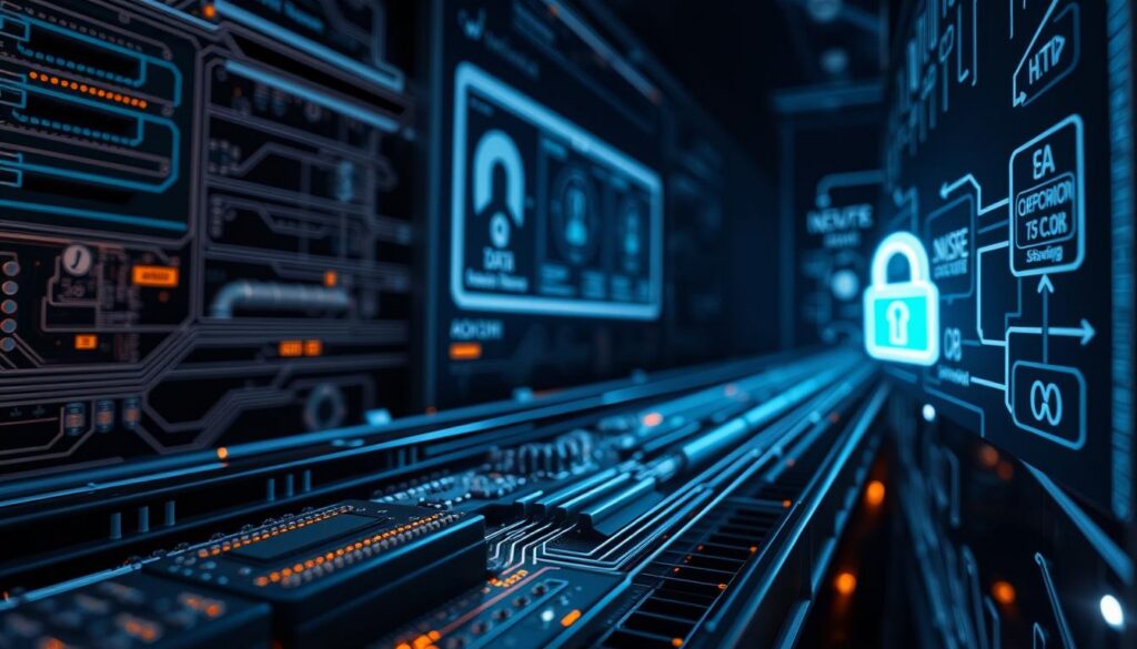 A secure data pipeline in transit, with a digital lock mechanism protecting sensitive information. Detailed circuits and hardware components in the foreground, surrounded by a futuristic interface displaying encryption algorithms and data flow diagrams. A serene, dark-toned environment with soft, directional lighting illuminating the scene, conveying a sense of technological sophistication and data protection. The composition emphasizes the complex yet elegant nature of modern cryptography, designed to safeguard sensitive information as it traverses the digital landscape.