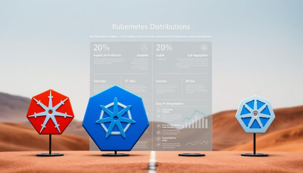 A side-by-side comparison of Kubernetes distributions, showcasing their unique features and capabilities. In the foreground, distinct Kubernetes logos stand proud, each representing a different distribution. The middle ground features detailed infographics and data visualizations, highlighting the key differences in architecture, scalability, and ease of deployment. The background is a minimalist, tech-inspired landscape, with clean lines and subtle gradients that convey a sense of balance and organization. The lighting is soft and diffused, creating a professional, informative atmosphere that invites the viewer to explore the nuances of the various Kubernetes solutions. A side-by-side comparison of Kubernetes distributions, showcasing their unique features and capabilities. In the foreground, distinct Kubernetes logos stand proud, each representing a different distribution. The middle ground features detailed infographics and data visualizations, highlighting the key differences in architecture, scalability, and ease of deployment. The background is a minimalist, tech-inspired landscape, with clean lines and subtle gradients that convey a sense of balance and organization. The lighting is soft and diffused, creating a professional, informative atmosphere that invites the viewer to explore the nuances of the various Kubernetes solutions.