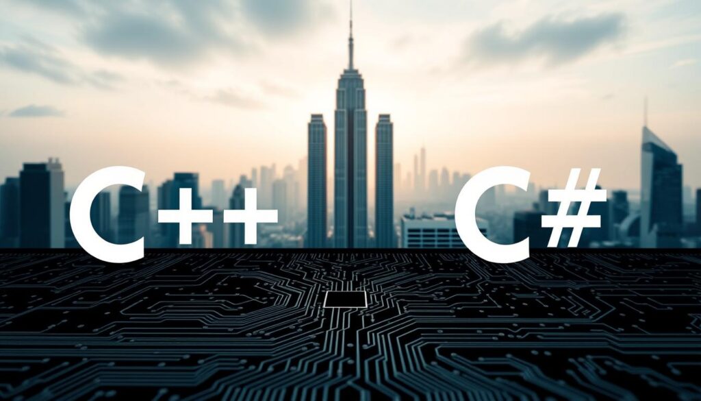 A sleek, modern composition showcasing the logos and key features of the C++ and C# programming languages. In the foreground, the C++ and C# symbols are prominently displayed, rendered in a minimalist, high-contrast style with clean lines and crisp edges. The middle ground features a digital circuit board motif, with intricate patterns of interconnected pathways and components, suggesting the robust and complex nature of these languages. In the background, a soft, blurred cityscape with towering skyscrapers sets the scene, hinting at the enterprise-level applications these languages are designed for. The overall mood is one of technological sophistication, power, and innovation.