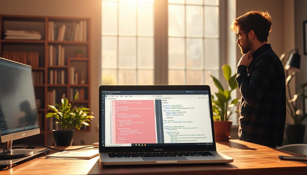 A software developer's workstation, bathed in warm, natural light streaming through a large window. In the foreground, an open laptop displays a Git user interface, with branches, commits, and the terminal commands used to manage code repositories. The developer, an avatar representing the reader, stands beside the desk, contemplating the Git interface with a thoughtful expression. In the background, a bookshelf and potted plants create a cozy, productive atmosphere, underscoring the integration of Git into the daily workflow of modern software development.