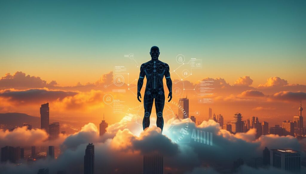 A striking digital transformation landscape, with a central focus on an artificial intelligence figure emerging from a cloud-like formation. The AI entity is rendered in a sleek, futuristic style, surrounded by intricate data visualizations and holographic interfaces. The background features a cityscape shrouded in a soft, atmospheric glow, symbolizing the integration of cloud computing and AI powering business transformation. Warm lighting casts dramatic shadows, creating a sense of depth and dynamism. The scene conveys a powerful, cutting-edge representation of the synergy between cloud computing and AI, and their disruptive impact on the modern enterprise.