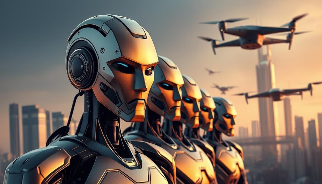 A team of autonomous AI agents, standing tall and resolute, their sleek metallic frames gleaming under warm, focused lighting. In the foreground, the lead agent, its angular visage conveying a sense of intelligence and determination. Behind them, a futuristic cityscape of towering skyscrapers and hovering drones, hinting at the advanced technological landscape they inhabit. The composition exudes a sense of power, progress, and the boundless potential of artificial intelligence as it ushers in a new era of innovation and discovery.