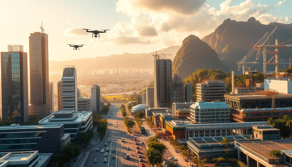 A vibrant cityscape depicting the impact of Artificial Intelligence on various Brazilian sectors. In the foreground, towering skyscrapers of gleaming glass and steel represent the thriving technological hubs. Bustling streets below teem with autonomous vehicles, delivery drones, and AI-powered infrastructure. In the middle ground, futuristic factories churn out cutting-edge products, their robotic assembly lines a testament to AI's industrial transformation. The background showcases the diverse landscape of Brazil, from lush rainforests to sun-drenched beaches, all connected by a smart grid of renewable energy and intelligent transportation. Warm lighting casts a hopeful glow, capturing the sense of progress and innovation shaping the nation's economic future. A vibrant cityscape depicting the impact of Artificial Intelligence on various Brazilian sectors. In the foreground, towering skyscrapers of gleaming glass and steel represent the thriving technological hubs. Bustling streets below teem with autonomous vehicles, delivery drones, and AI-powered infrastructure. In the middle ground, futuristic factories churn out cutting-edge products, their robotic assembly lines a testament to AI's industrial transformation. The background showcases the diverse landscape of Brazil, from lush rainforests to sun-drenched beaches, all connected by a smart grid of renewable energy and intelligent transportation. Warm lighting casts a hopeful glow, capturing the sense of progress and innovation shaping the nation's economic future.
