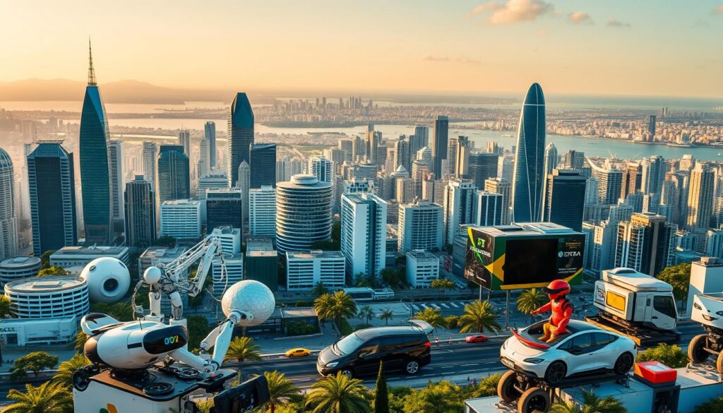 A vibrant cityscape showcasing Brazil's thriving technology ecosystem. In the foreground, a dynamic display of disruptive innovations - AI-powered robotics, sleek electric vehicles, and immersive VR experiences. The middle ground features a bustling urban landscape, with gleaming skyscrapers and state-of-the-art research facilities. In the background, a panoramic view of the iconic Brazilian coastline, bathed in warm, golden sunlight. The scene conveys a sense of progress, innovation, and the transformative power of disruptive technologies shaping the country's future.