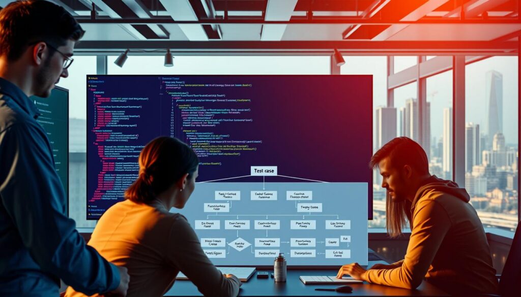 A vibrant software engineering scene, with developers collaboratively working on a software project. In the foreground, a team reviews test cases and code, using a sleek, minimalist user interface. In the middle ground, a software architecture diagram is prominently displayed, showcasing the benefits of test-driven development (TDD) - improved code quality, reduced bugs, and enhanced maintainability. The background features a cityscape, representing the real-world impact of well-tested software. The scene is bathed in warm, natural lighting, conveying a sense of productivity and progress. The overall atmosphere is one of focus, innovation, and the rewarding results of adopting TDD practices.