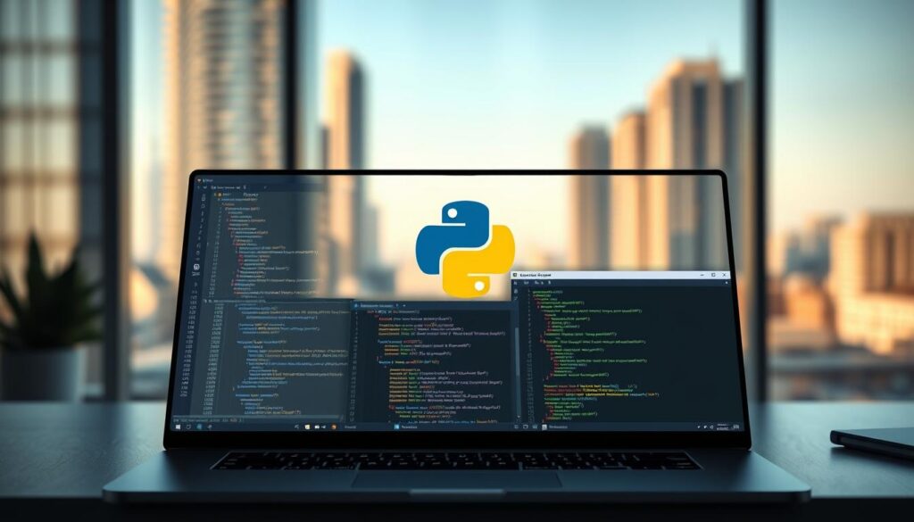 A well-lit, high-quality digital illustration depicting the ideal Python IDE for software developers. In the foreground, a modern code editor interface with a clean, minimalist design and various coding tools and windows. In the middle ground, a laptop or desktop computer setup, with a stylized Python logo and programming elements. The background features a serene, blurred urban landscape or workspace, conveying a productive and professional atmosphere. The overall scene should evoke a sense of efficiency, productivity, and the joy of coding in Python.