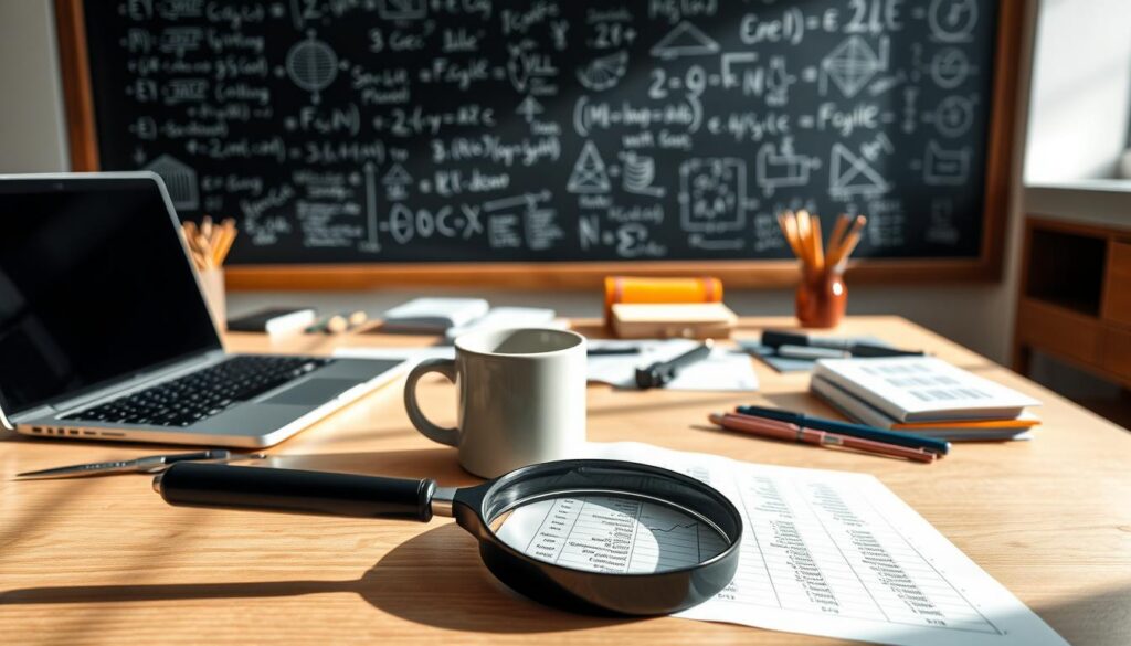 A well-lit workspace with a laptop, coffee mug, and various data analysis tools scattered across a clean, wooden desk. In the foreground, a magnifying glass hovers over a spreadsheet, highlighting the process of data cleaning and preparation. The background features a chalkboard filled with equations and diagrams, conveying the technical nature of machine learning data preprocessing. Soft, natural lighting casts shadows that add depth and dimension to the scene, creating an atmosphere of focused, methodical work.