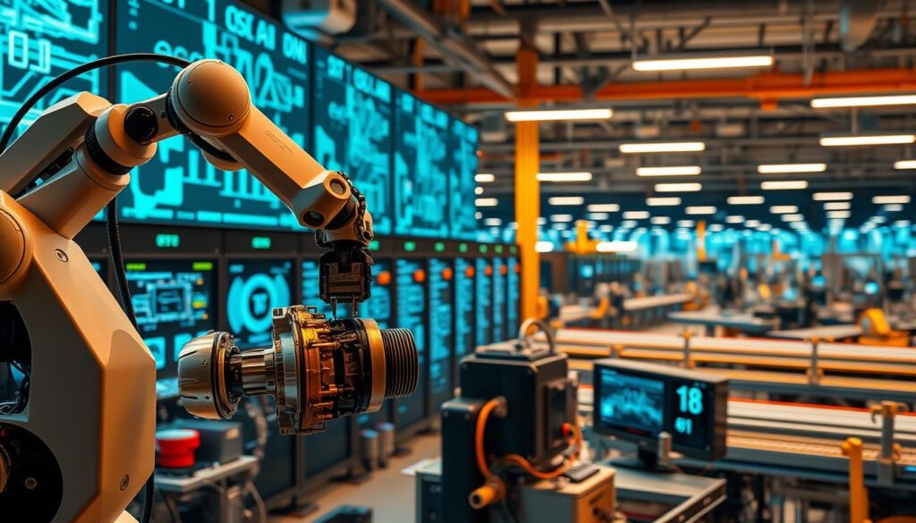 An industrial setting with a focus on artificial intelligence and automation. In the foreground, a robotic arm effortlessly assembles a complex mechanism, its movements precise and efficient. In the middle ground, a bank of servers and AI-powered control panels, their screens displaying intricate data visualizations. In the background, a panoramic view of a modern factory floor, with rows of automated machinery and conveyor belts, all working in harmony. The lighting is a mix of warm overhead lighting and the cool glow of digital displays, creating an atmosphere of technological innovation and progress. The overall scene conveys a sense of the power and potential of AI and industrial automation to transform the modern world.