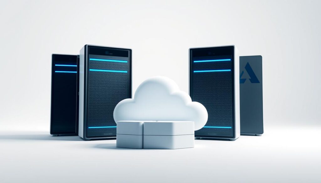 Comparativo de armazenamento em nuvem: a three-dimensional comparison of the storage offerings from AWS, Google Cloud, and Microsoft Azure. In the foreground, sleek, futuristic data servers representing the cloud providers stand in a minimalist, well-lit setting. The middle ground showcases various storage types - object, block, and file - as distinct geometric shapes, allowing for a clear visual contrast. In the background, a subtle grid pattern suggests the interconnected, scalable nature of cloud infrastructure. The overall composition conveys a sense of technological sophistication, highlighting the key differences and capabilities of each cloud storage solution.