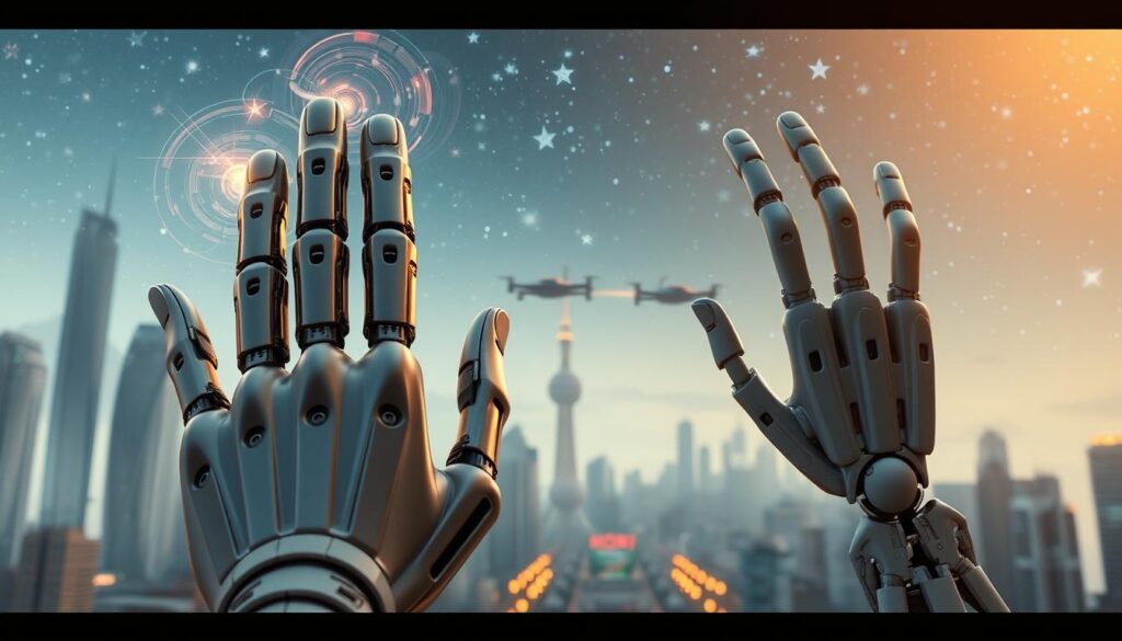 Comparison of Artificial Intelligence Types: A detailed illustration showcasing the key differences between Generative AI and Traditional AI. In the foreground, a metallic robotic hand representing Generative AI, its fingertips emanating a vibrant, swirling energy. Beside it, a more rigid, analytical-looking robotic hand symbolizing Traditional AI. In the middle ground, a serene, futuristic cityscape with towering skyscrapers and hovering vehicles, conveying the advanced technological landscape. The background features a starry, ethereal sky, evoking the boundless potential of AI. Soft, warm lighting illuminates the scene, creating a sense of wonder and discovery. Captured with a wide-angle, cinematic lens to emphasize the scale and interconnectedness of the two AI paradigms.