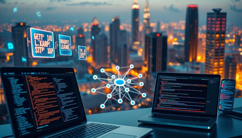 Detailed digital illustration of intelligent coding tools powered by AI for programming. In the foreground, a set of sleek, modern programming editor interfaces with advanced code completion, debugging, and analysis features. Glowing holographic code blocks and data visualizations float above the editors. In the middle ground, a complex neural network diagram with interconnected nodes and data flows. In the background, a cityscape of towering skyscrapers and futuristic digital infrastructure, lit by a warm, vibrant glow. The scene is rendered with a cinematic, high-tech aesthetic using a shallow depth of field, dramatic lighting, and smooth, photorealistic textures.