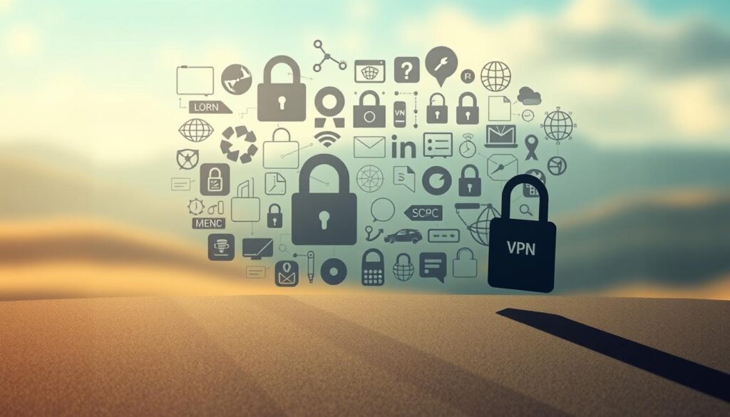Mitos sobre VPN: a vibrant and thought-provoking image showcasing the common misconceptions surrounding virtual private networks. In the foreground, a stylized VPN icon casts a long shadow, hinting at the complexities and misunderstandings that often shroud this technology. The middle ground features a collage of familiar VPN-related symbols, such as lock icons, network diagrams, and digital security elements, all rendered in a muted color palette to evoke a sense of uncertainty. The background is a soft, blurred landscape, symbolizing the need to cut through the haze of misinformation and misunderstandings surrounding VPNs. The overall composition is designed to capture the essence of the article's section, inviting the viewer to explore and challenge the prevalent myths about VPNs. Mitos sobre VPN: a vibrant and thought-provoking image showcasing the common misconceptions surrounding virtual private networks. In the foreground, a stylized VPN icon casts a long shadow, hinting at the complexities and misunderstandings that often shroud this technology. The middle ground features a collage of familiar VPN-related symbols, such as lock icons, network diagrams, and digital security elements, all rendered in a muted color palette to evoke a sense of uncertainty. The background is a soft, blurred landscape, symbolizing the need to cut through the haze of misinformation and misunderstandings surrounding VPNs. The overall composition is designed to capture the essence of the article's section, inviting the viewer to explore and challenge the prevalent myths about VPNs.