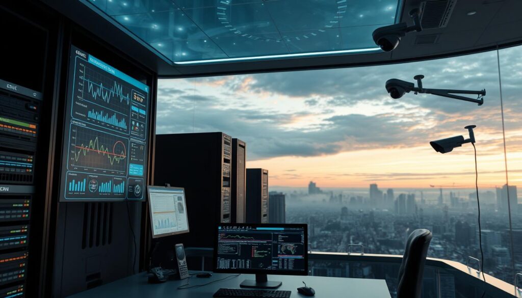 Monitoramento de Segurança em Nuvem: uma paisagem digital de servidores, redes e sistemas de segurança em harmonia. No primeiro plano, um painel de controle com gráficos e métricas em tempo real, exibindo a atividade da infraestrutura em nuvem. Ao fundo, uma tela de radar rastreando ameaças em movimento, com pulsações de cores indicando o status de segurança. Iluminação suave e tons neutros criam um ambiente profissional e confiável, enquanto câmeras de vigilância observam discretamente de ângulos estratégicos. Uma cena que transmite monitoramento ininterrupto, visibilidade abrangente e controle total sobre a segurança da nuvem.