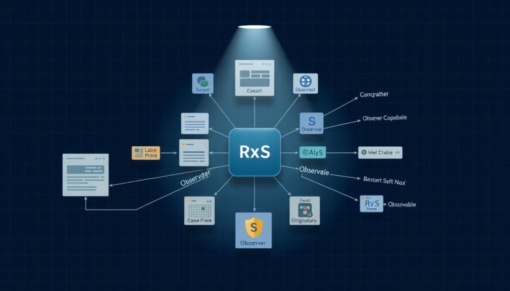 Observers em RxJS: a detailed schematic illustration showcasing the core concepts of the Observer pattern in reactive programming. In the foreground, a central observer component surrounded by multiple observable streams, each with distinct visual representations. The middle ground features a clean, minimalist UI design, with interface elements and interconnected data flows. The background offers a subtle, technical atmosphere with a grid-like pattern, hinting at the underlying principles of reactive programming. The lighting is soft and directional, creating depth and emphasizing the key components. The overall composition conveys the power and flexibility of the Observer pattern in the context of RxJS, a crucial aspect of the "Programação reativa: introdução ao RxJS e seus casos de uso" article.